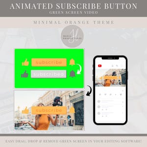 May include: Animated green screen video showing a subscribe button with a thumbs up and bell icon. The button changes from "subscribe" to "subscribed". The video is in a minimal orange theme.