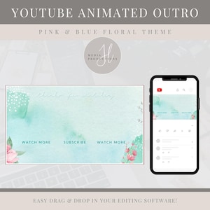 Animated Pink & Blue Floral YouTube Outro | YouTube Outro Video | Social Media Endcard | YouTube Video Ending | Social Media Branding