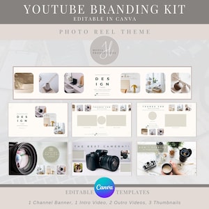 Editable YouTube Branding Kit | Photo Reel YouTube Banner, Intro, Outro, Thumbnail Template | Editable Canva Template | Digital Templates
