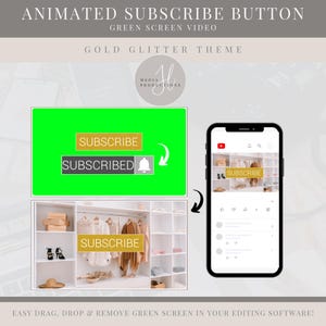 Może przedstawiać: Animowany film z zielonym ekranem pokazujący złoty błyszczący przycisk subskrypcji z tekstem "SUBSCRIBE" i "SUBSCRIBED" na zielonym tle. Film jest łatwy w użyciu i można go dodać do dowolnego oprogramowania do edycji wideo.