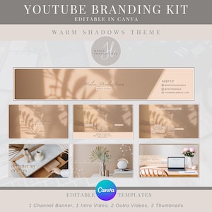 Editable YouTube Branding Kit | Warm Shadows YouTube Banner, Intro, Outro, Thumbnail Template | Custom Canva Template | Digital Templates