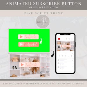 Pode incluir: Vídeo de tela verde animado de um botão de inscrição rosa com um botão de reprodução. O botão muda para "Inscrito" após clicar. O vídeo é mostrado na tela de um smartphone com um logotipo do YouTube.