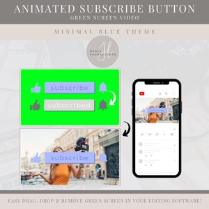 Pode incluir: Vídeo de tela verde animado que mostra como adicionar um botão de inscrição a um vídeo do YouTube. O botão é azul com texto branco que diz "inscrever-se" e "inscrito". O vídeo também inclui um polegar para cima e um ícone de sino.