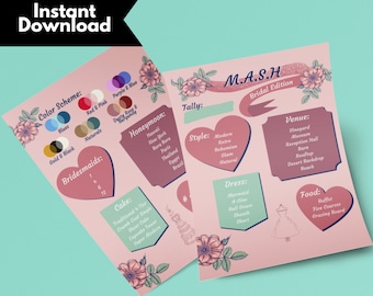 Printable Bridal Shower Games Instant Download, MASH Game, Printable MASH Game, 90s MASH Game, Bridal Shower Game, Wedding Shower Game