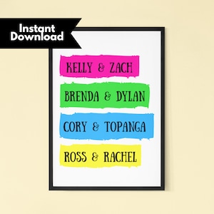 90&#39;s TV Show Couples Print, Wall Art Printable Set, Printable Wall Art 90s Classic, 90s Printable Art, 90s TV series, 90s Art Print