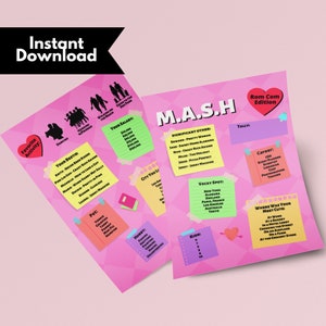 May include: A pink and white printable MASH game with a Rom Com Edition title. The game includes categories like "Your Bestie", "Significant Other", "Vacay Spot", "Career", "Where Was Your Meet Cute", "City You Live", "Your Salary", "Pet", "Hobby", and "Kids".