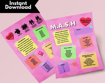 90s Nostalgia, MASH Game printable, Party Games Printable, 90s Party Theme, Rom Com Party, 90s Bachelorette Party, Bachelorette Party Games