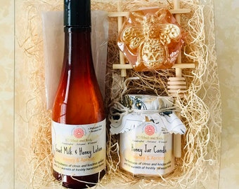 Honeybee & Hive Spa Gift Sets / Soy Wax Candle / Detergent Free Soap / Goat Milk Honey Lotion / Honey Lemon Salt Scrub