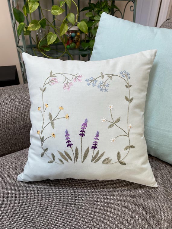 Embroidered Wildflower Pillow- Sage Green Floral Home Decor Design