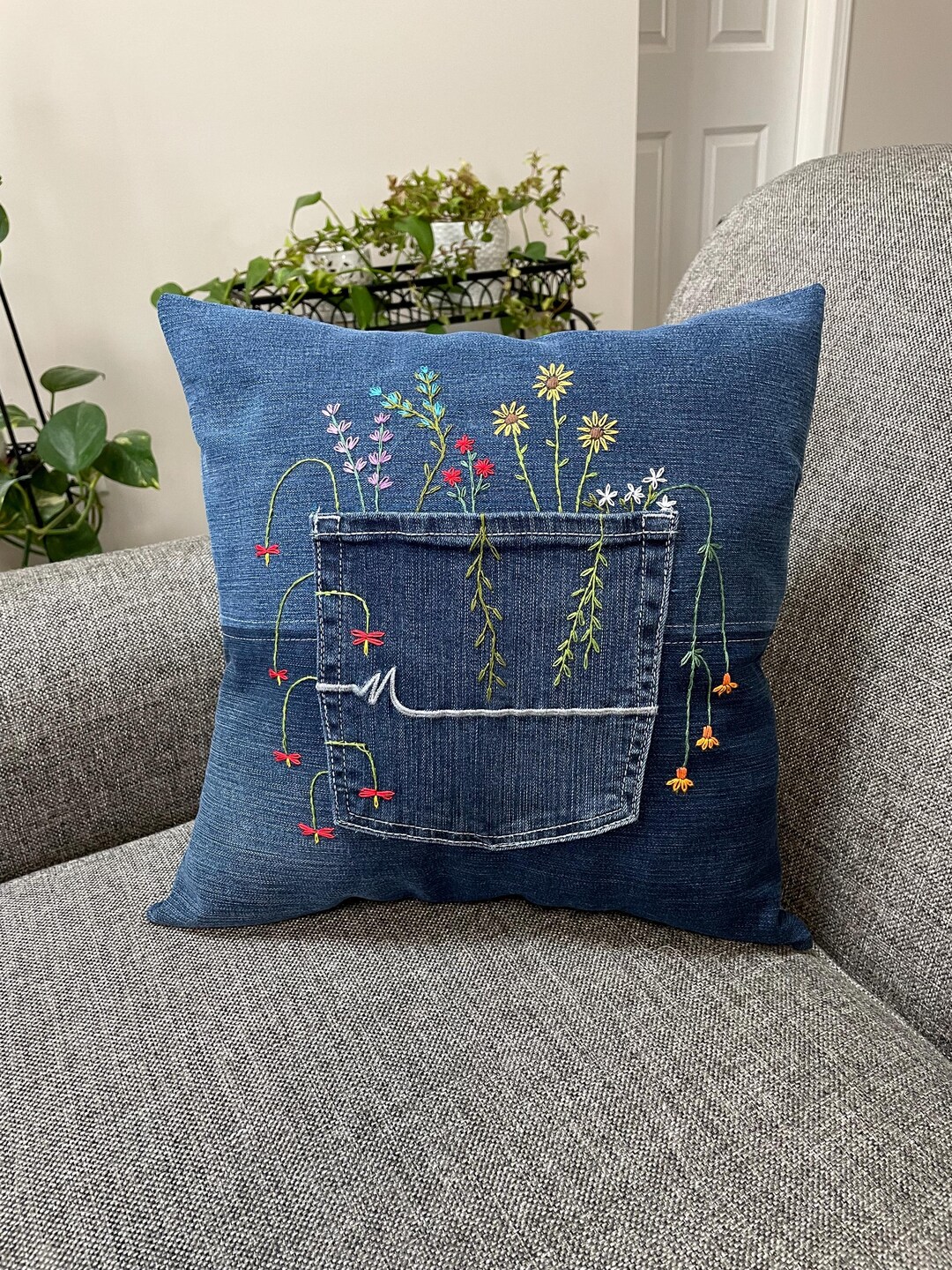 Upcycled Denim Embroidered Jean Pocket Pillow Denim Accent Pillow ...
