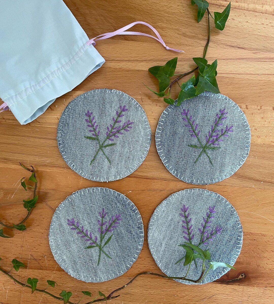 Upcycled Denim and Lavender Coasters-set of 4 Embroidered Drink ...