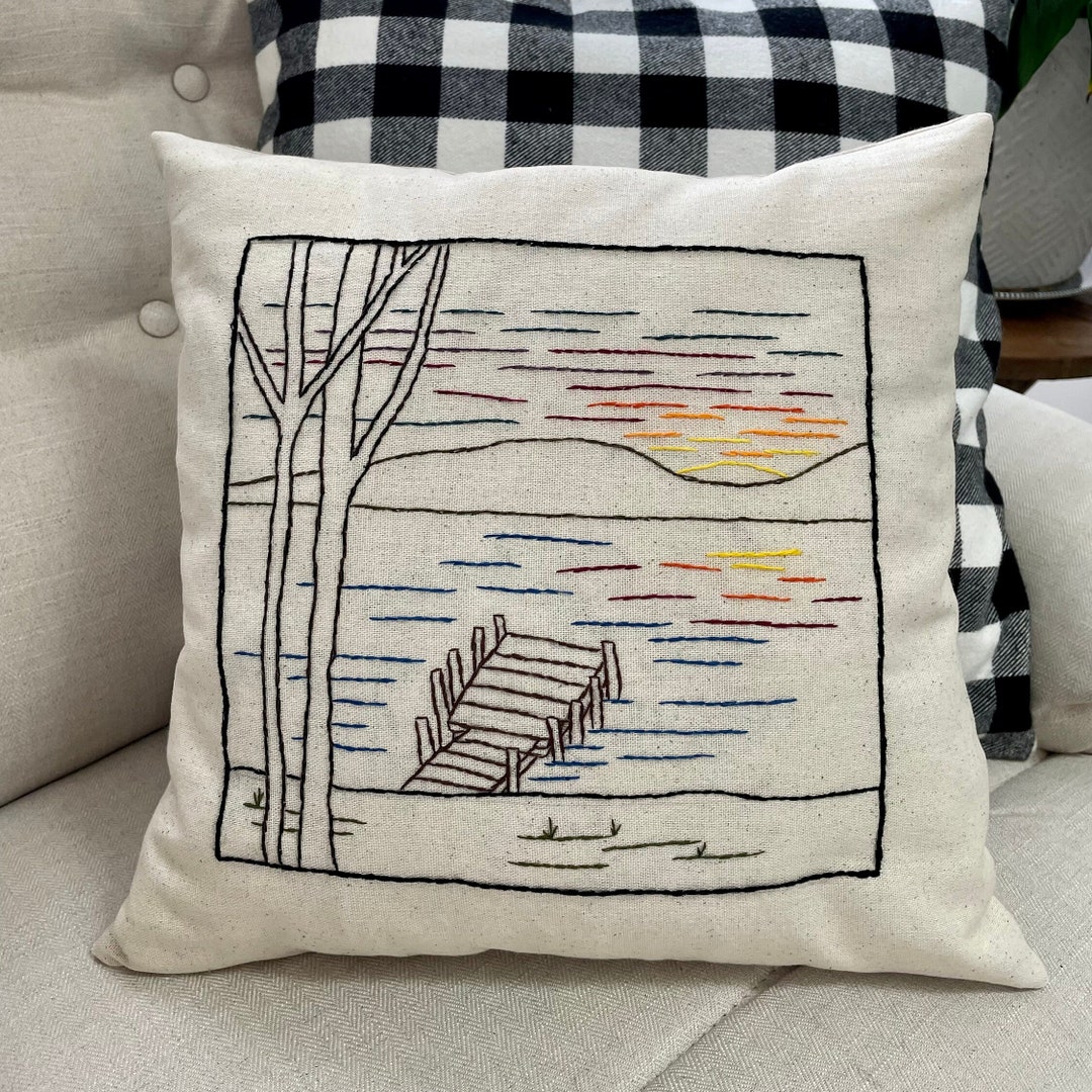 Hand Embroidered Sunset Scene Pillow Hand Embroidered Accent Pillow