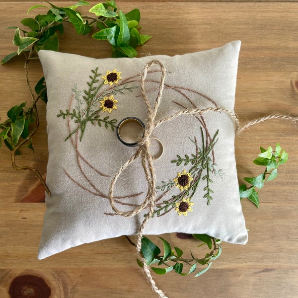 Wedding Ring Pillow || Ring Bearer Pillow Rustic || Sunflower Ring Bearer Pillow || Embroidered Wedding Pillow || Sunflowers ||Free Shipping