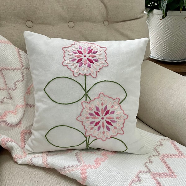 Embroidered Pink Flower Pillow Etsy