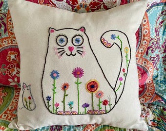 Hand Embroidered Crazy Cat and Mouse Pillow-Whimsical Home Decor