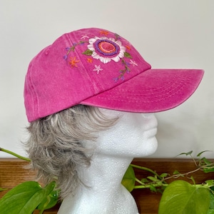 Hand Embroidered Wildflower Pink Baseball Cap: Vintage Style