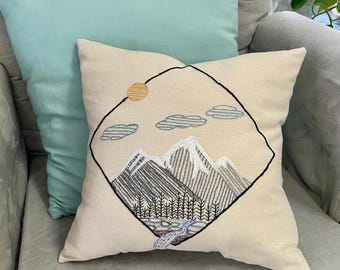 Hand Embroidered Mountain Pillow- Mountain Scene Home Decor