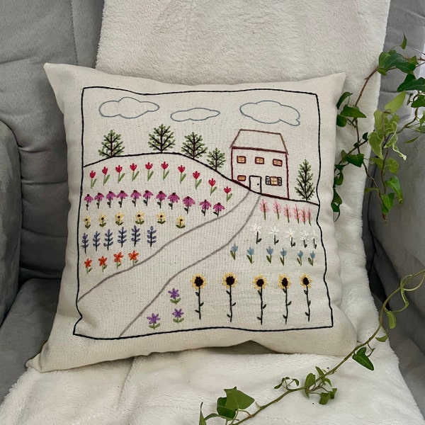 Hand Embroidered Flower Field Pillow|| Flower Field Pillow|| Hand Embroidered Accent Pillow ||Hand Embroidery Floral Pillow || Free Shipping