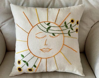 Hand Embroidered Sunshine Pillow- Whimsical Sunflower Home Decor