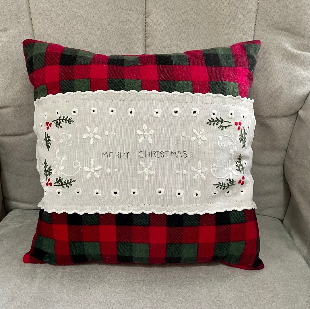 Hand Embroidered Holiday Pillow holiday Accent Pillowhand Embroidery