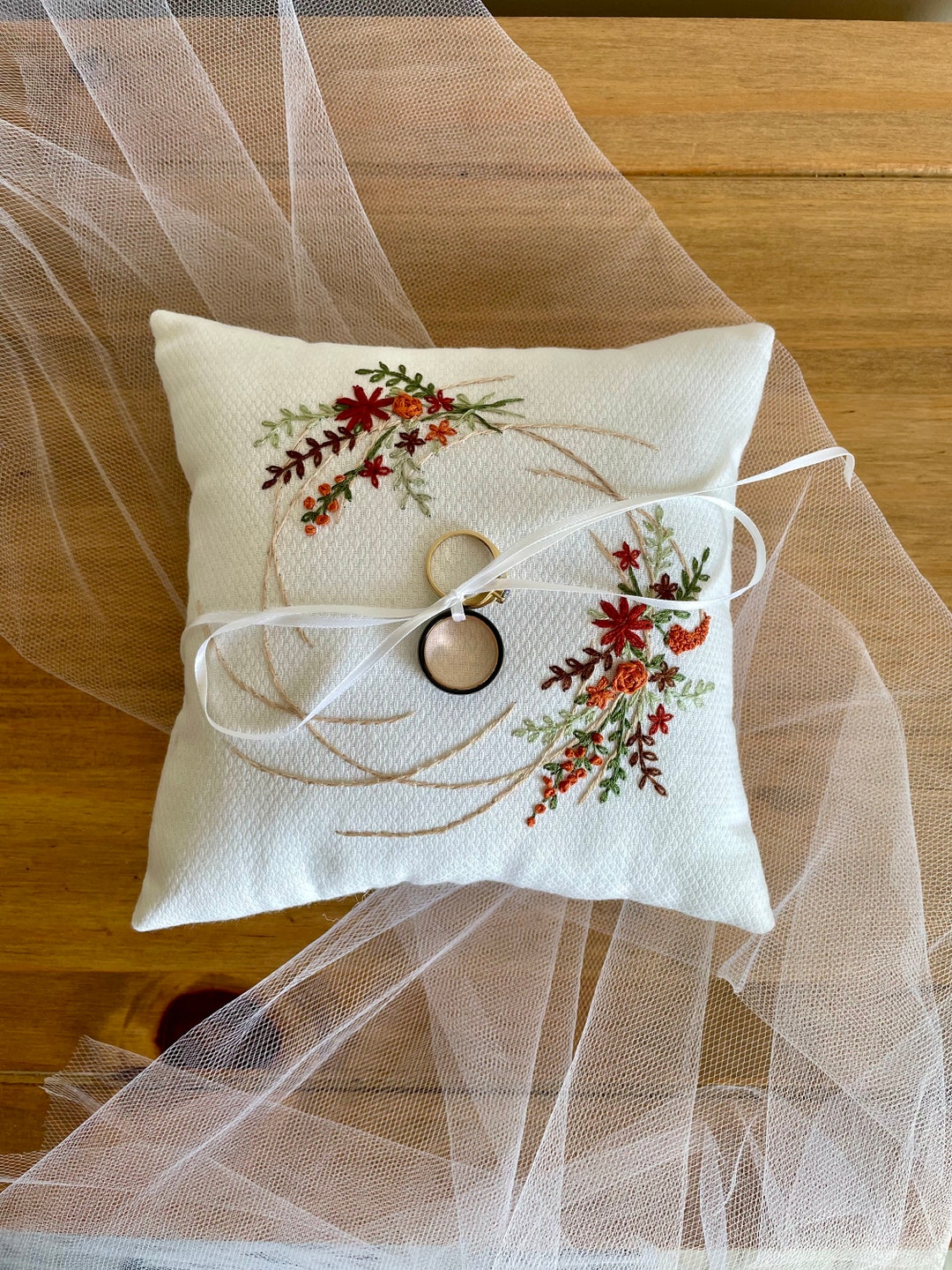 Ring Bearer Pillow || Wedding Ring Pillow Rustic || Embroidered Fall ...