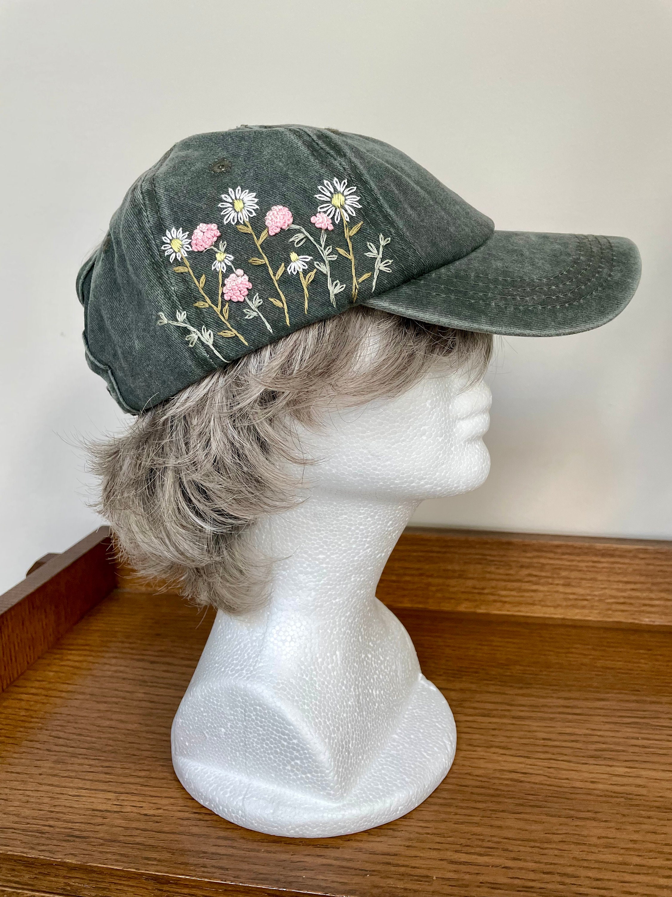 Floral Embroidered Gray Hat Garden Flowers, Hand Designed and Embroidered Medium Gray  main image 3