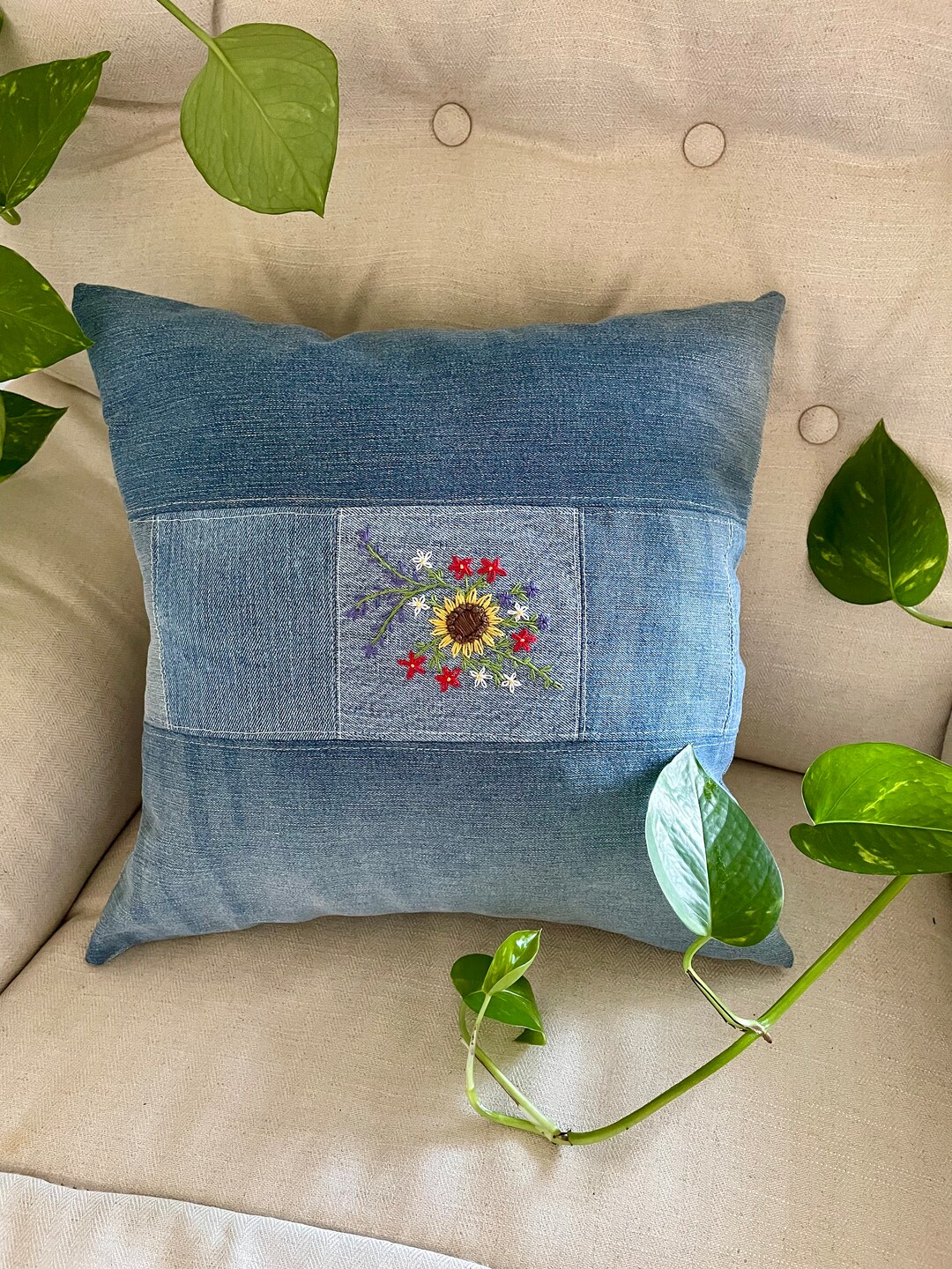 Upcycled Denim || Denim Jean Pillow|| Denim Embroidered Pillow ...
