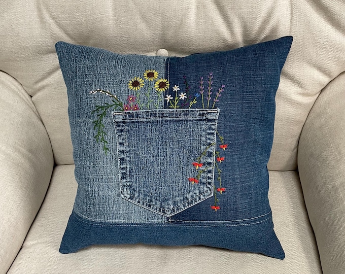 Upcycled Denim || Embroidered Jean Pocket Pillow|| Denim Accent Pillow ...