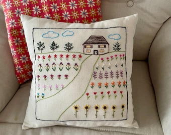 Flower Field Pillow- Hand Embroidered Farmhouse Accent Design