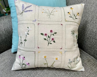 Embroidered Wildflower Pillow- Floral Home Decor Design