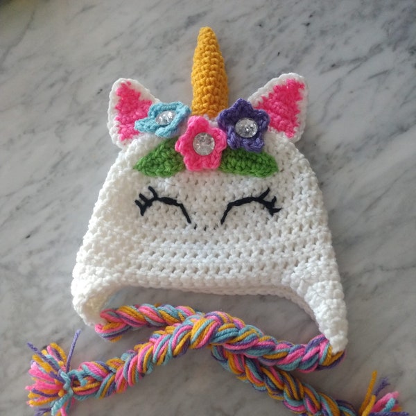 Unicorn Beanie / Unicorn Knit Hat/ Unicorn Beanie with flowers and gems