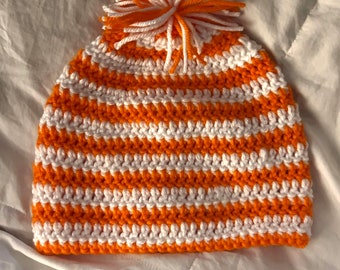 Orange and White Striped Pom Pom Beanie