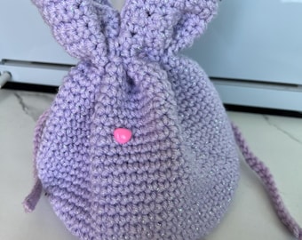 Crocheted Easter Bunny Gift Bag with Glitter Yarn, Pink Nose Detail