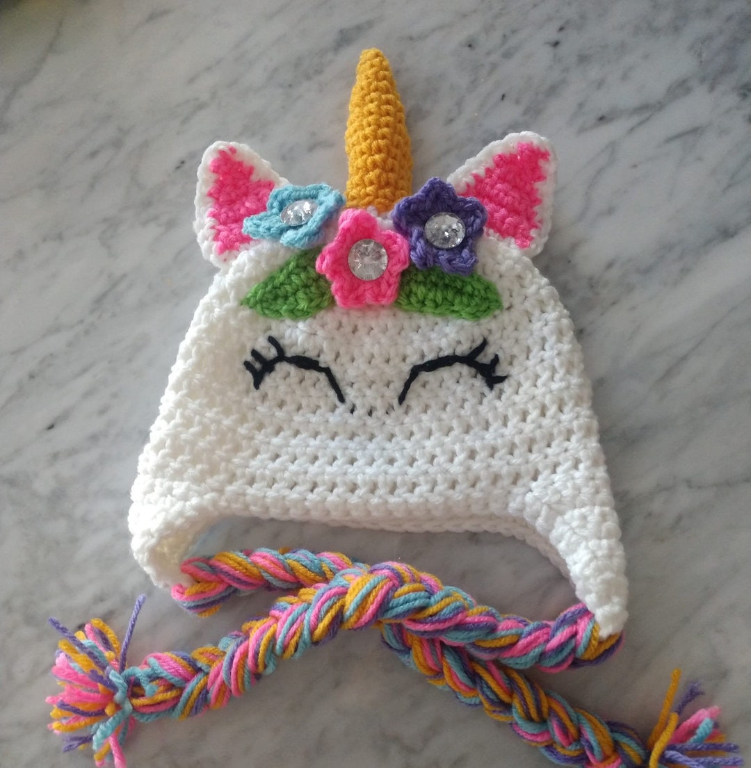 Unicorn Beanie / Unicorn Knit Hat/ Unicorn Beanie With Flowers and Gems ...