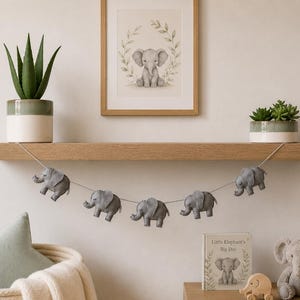 Handmade Elephant Garland, Safari Nursery Decor, Baby Room Bunting, New Baby Gift, Felt Hanging Decoration 5 Grey Elephants