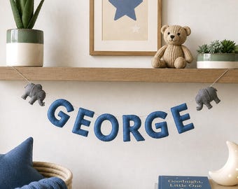 Personalised Name Garland Nursery Decor, Grey Elephant Handmade Felt Decoration, Blue Felt Theme, New Baby Boy & 1st Birthday Gift