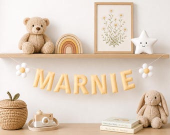 Personalised Name Garland Nursery Decor, Daisy Flower Handmade Felt Decoration, Lemon Yellow Felt Theme, New Baby Girl & Birthday Gift