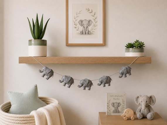 Handmade Elephant Garland, Safari Nursery Decor, Baby Room Bunting, New Baby Gift, Felt Hanging Decoration