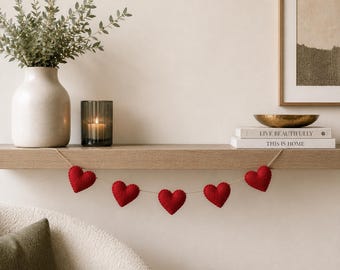 Handmade Red Felt Heart Garland, Rustic Valentine, Wedding and Nursery Decor, Hand-Stitched Home Decoration & Gift