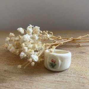 Handmade Ceramic Flower Ring – Ivory Cream Botanical Statement Band
