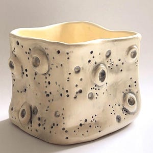 May include: Cream-coloured ceramic planter with a square shape and a slightly irregular rim. The surface is textured with small, dark grey dots and larger, circular indentations. The interior is a soft yellow, giving it a unique, organic appearance.