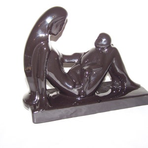 Vintage Harger Mother And Child Ceramic Figurine Sculpture Glossy Black Glaze 14 Inches
