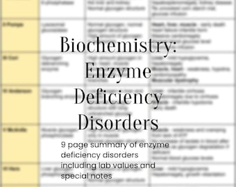 Biochemistry Summary Table - Enzyme Deficiency Disorders and Lab Values. Study Guide for Medical, Nursing, PA, Pre-med Students