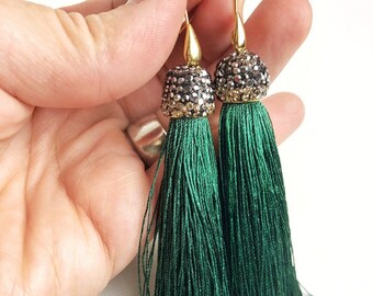 Pavé Emerald Tassel Drop Earrings. Free Shipping. Perfect for Mothers Day.