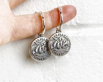Handmade Australian 925 Silver Plated Half Penny Vintage Coin Charm hoop earrings. Free shipping and gift wrapping. Made in Melbourne.