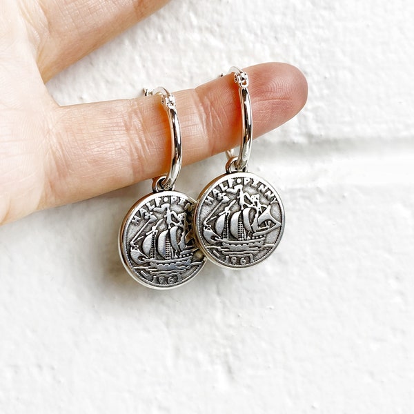 Handmade Australian 925 Silver Plated Half Penny Vintage Coin Charm hoop earrings. Free shipping and gift wrapping. Made in Melbourne.