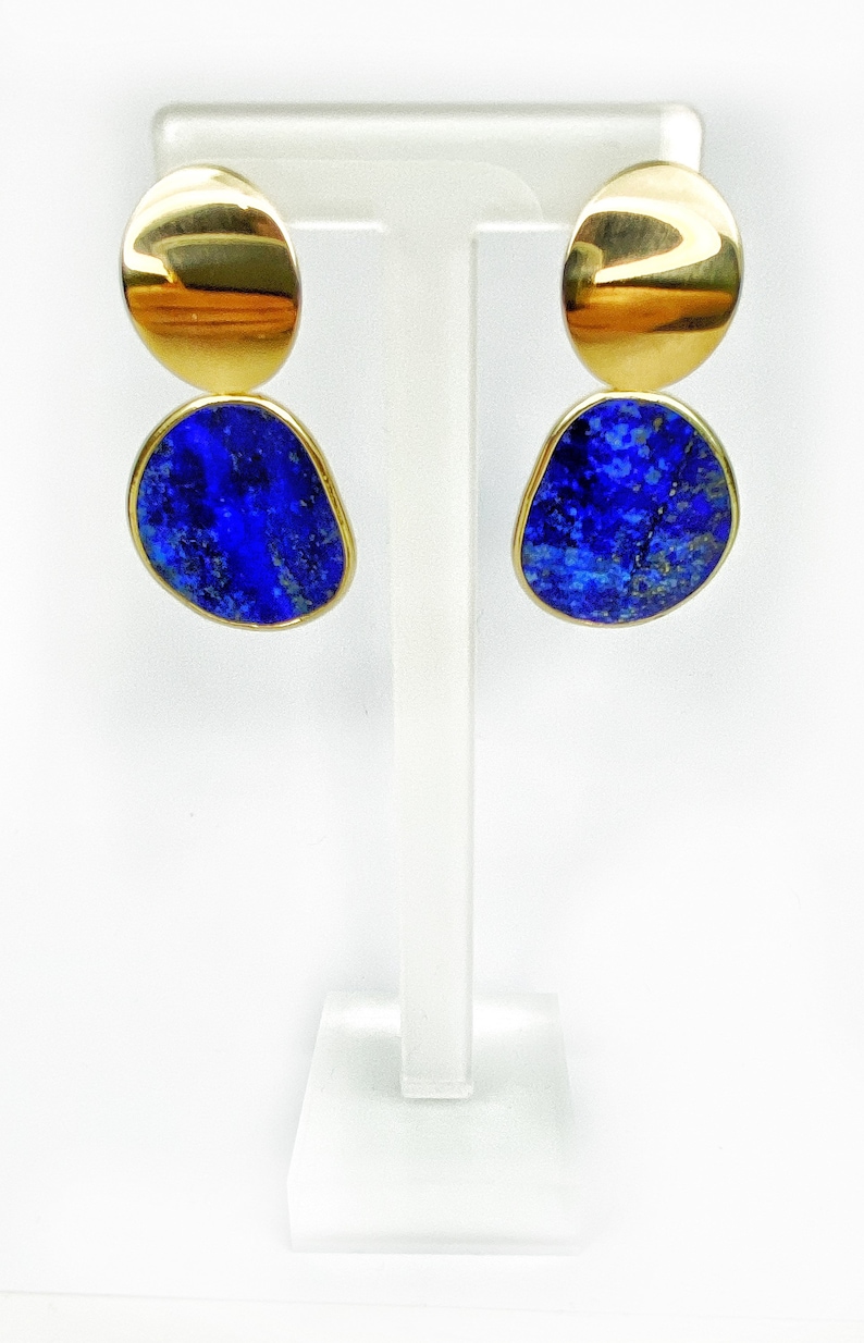 Cobalt Blue Lapis Lazuli Nugget Gemstone Slice Dome Stud Drop Earrings. Free Shipping and Gift Wrapping. Made in Australia image 5