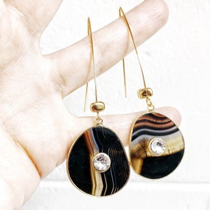 Striped Black Botswana Agate Swarovski Long Wishbone Earrings. Free Shipping image 7