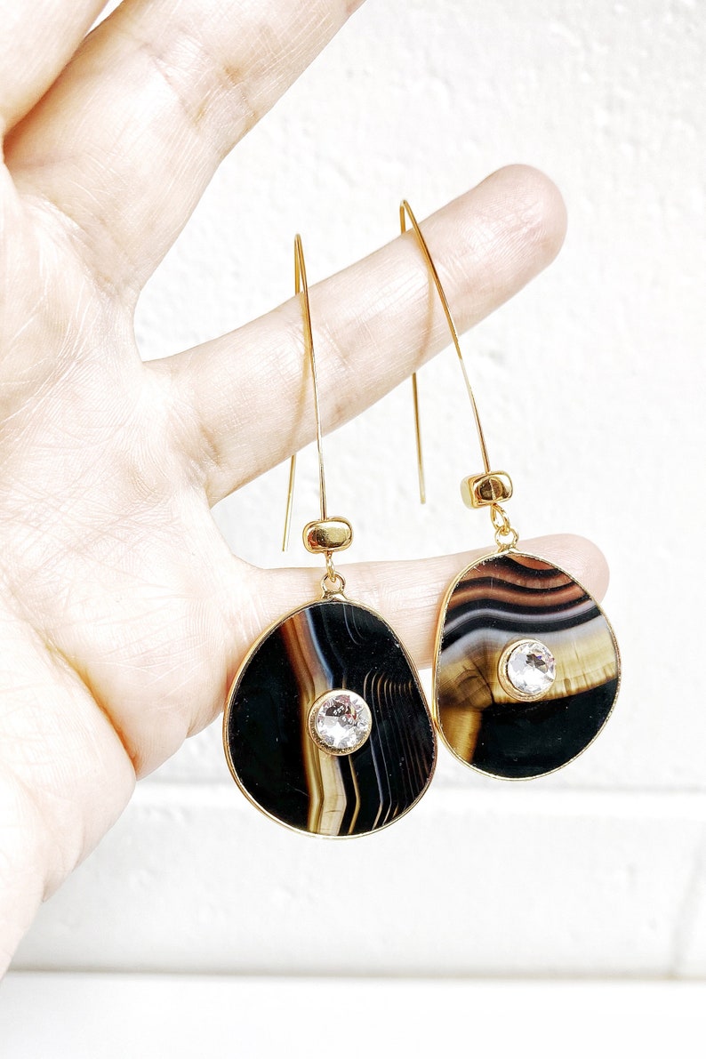 Striped Black Botswana Agate Swarovski Long Wishbone Earrings. Free Shipping image 7