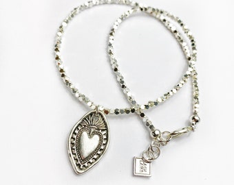 Silver beaded Flaming Sacred Heart Necklace. Made in Melbourne. Free Shipping and Gift Wrapping